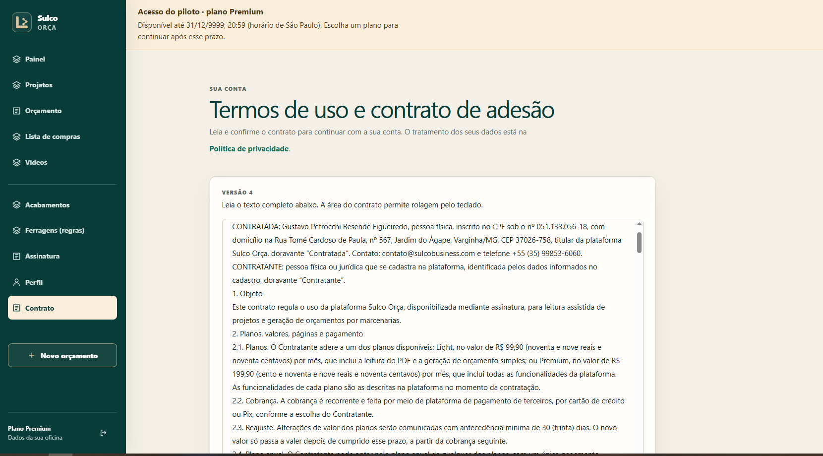 Tela Contrato do Sulco Orça