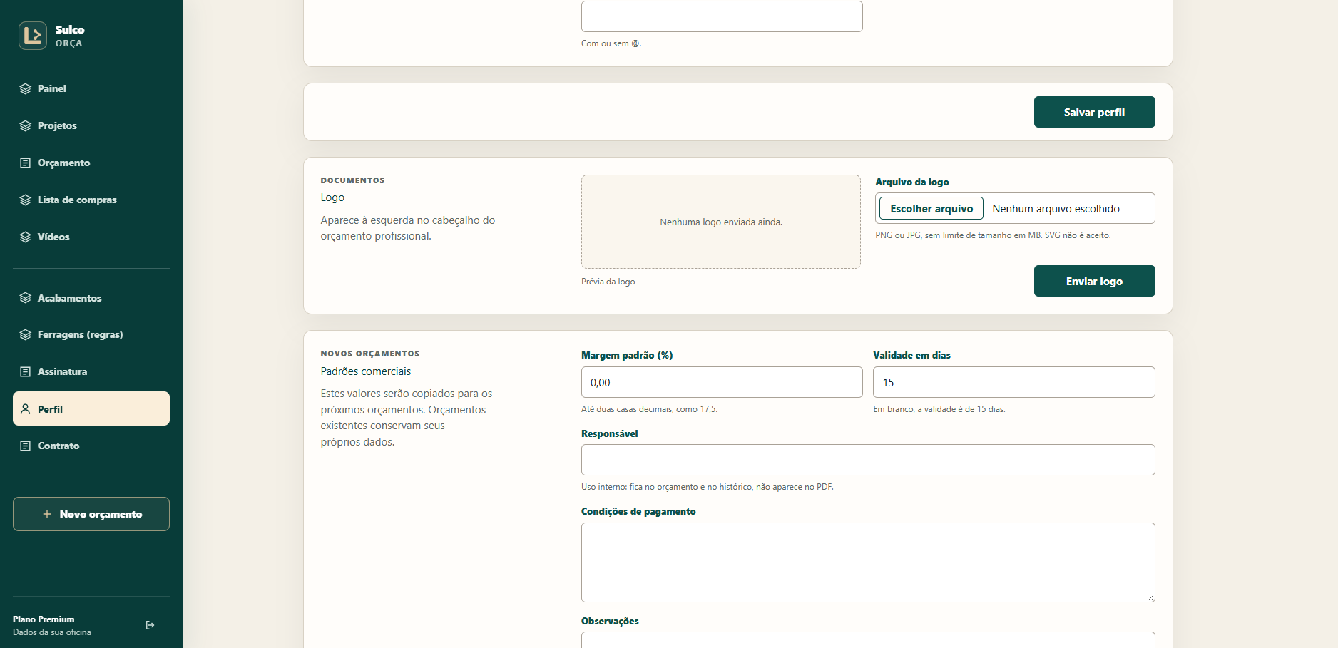 Tela Perfil do Sulco Orça