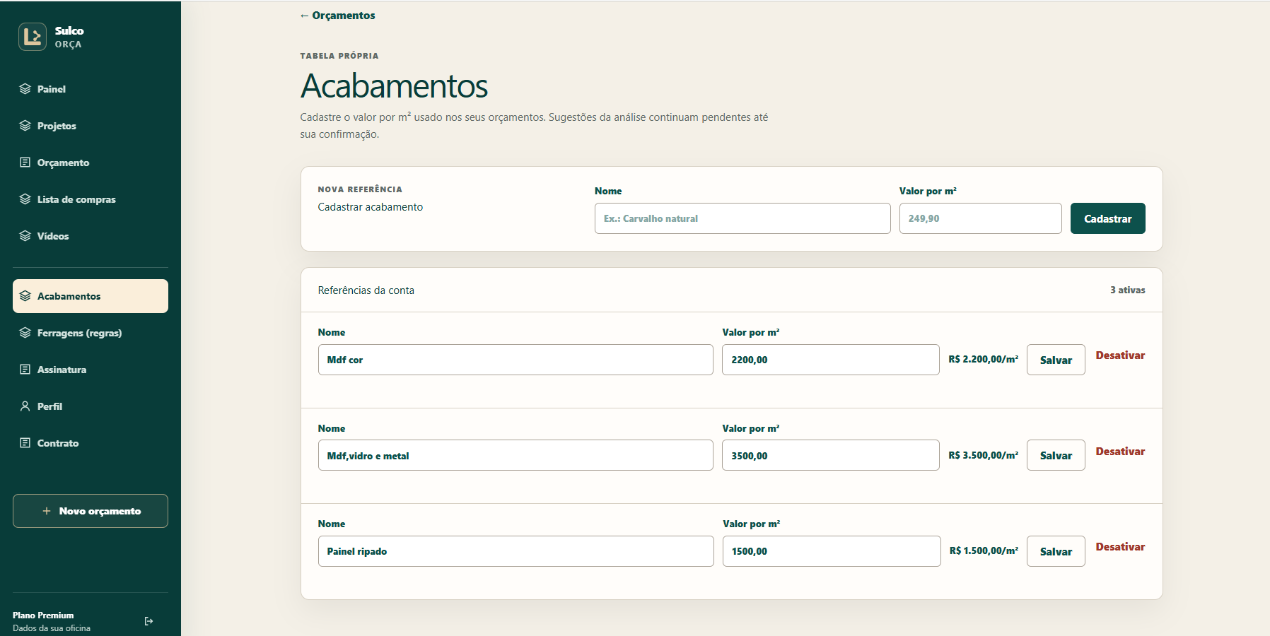 Tela Acabamentos do Sulco Orça