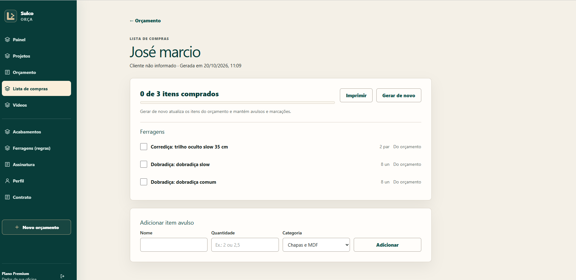 Tela Lista de compras do Sulco Orça